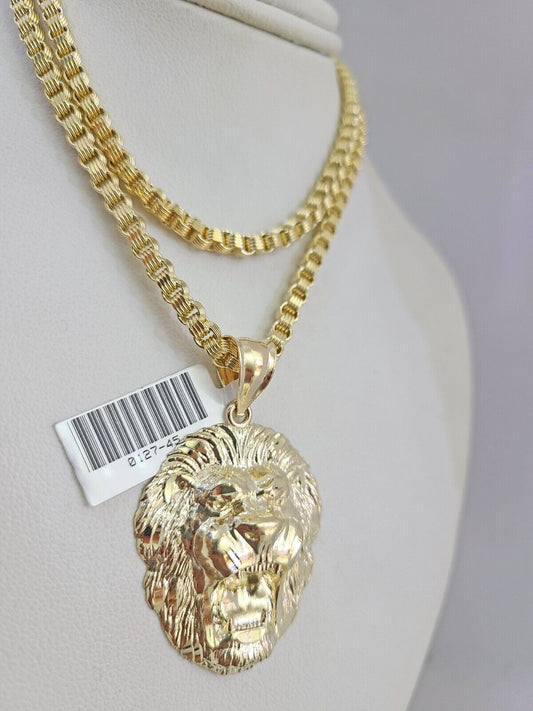 Real 10k Gold Byzantine Necklace Roaring Lion Charm SET Chain 20-30" 3mm Pendant