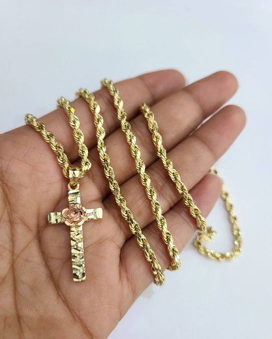 REAL 10k Rope Chain Jesus Rose Cross Charm Pendant 3mm Necklace Set 18"-28" in