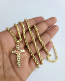 REAL 10k Rope Chain Jesus Rose Cross Charm Pendant 3mm Necklace Set 18"-28" in