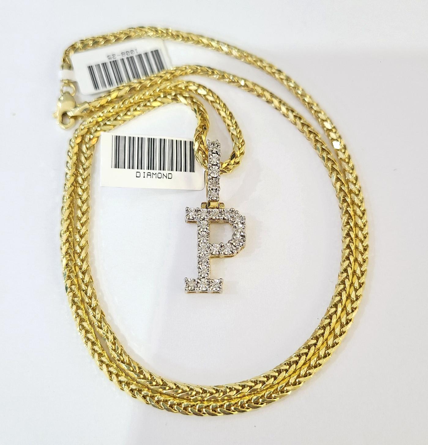 REAL 10k Yellow Gold Palm Chain P Diamond Initial Pendant Charm 3mm SET Necklace