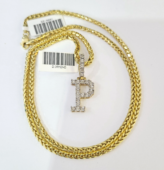 REAL 10k Yellow Gold Palm Chain P Diamond Initial Pendant Charm 3mm SET Necklace