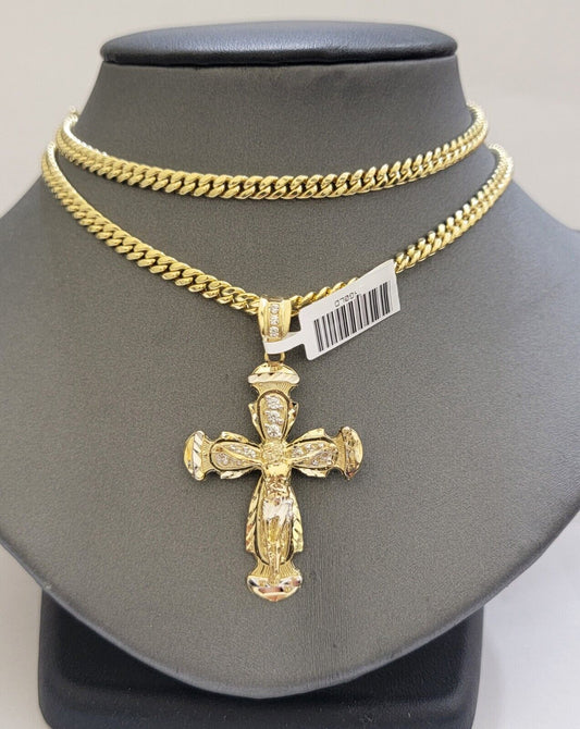 Real 10k Yellow Gold Cross Charm pendant Cuban Link Chain Necklace 5mm 24" SET