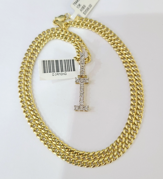 10K Gold Miami Cuban Chain I Diamond Initial 20"-28" 3mm Pendant Necklace SET