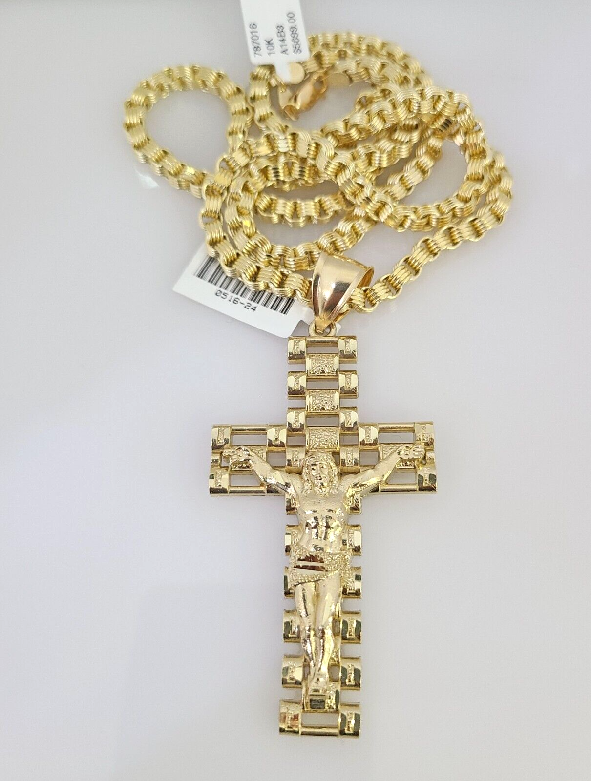 Real 10k Gold Byzantine Necklace Jesus Cross Charm SET Chain 20"-30" 4mm