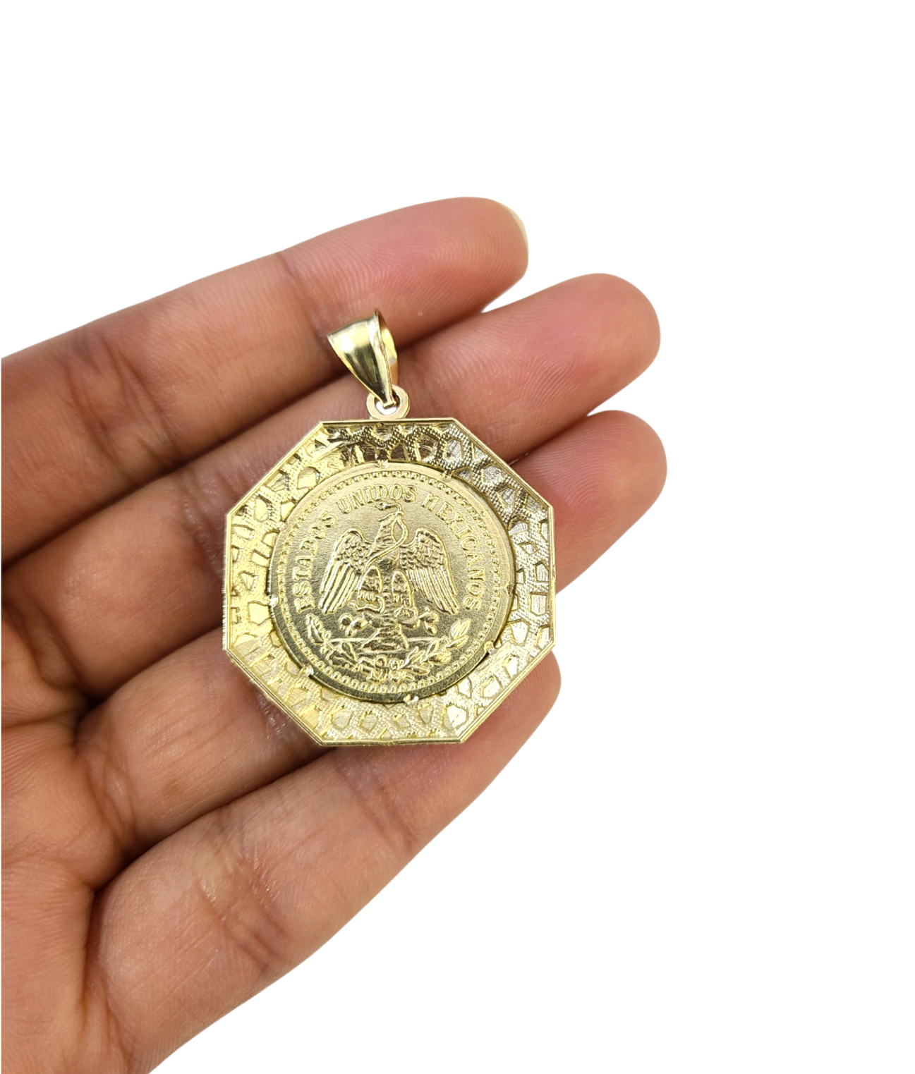 Real 10K Mexican 50 Pesos Medallion Pendant Charm Yellow Gold Genuine 10kt