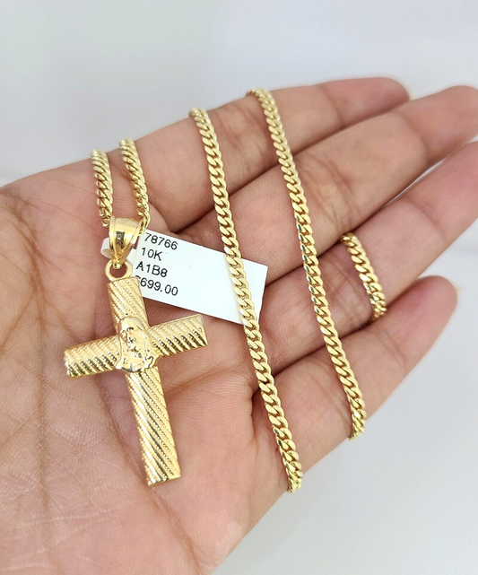 10k Gold Solid Miami Cuban Necklace Jesus Cross Pendant 2.5mm 18-24" Chain Set