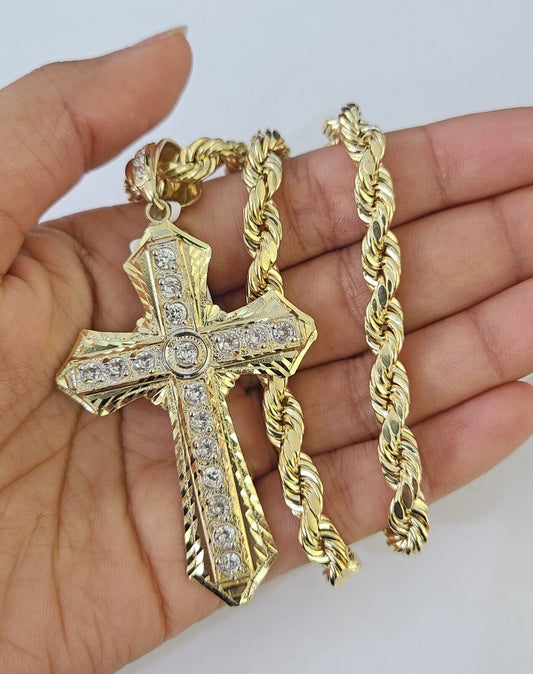 10k Yellow Gold Rope Chain Jesus Cross Charm Pendant 18-30'' Inch 7mm Necklace