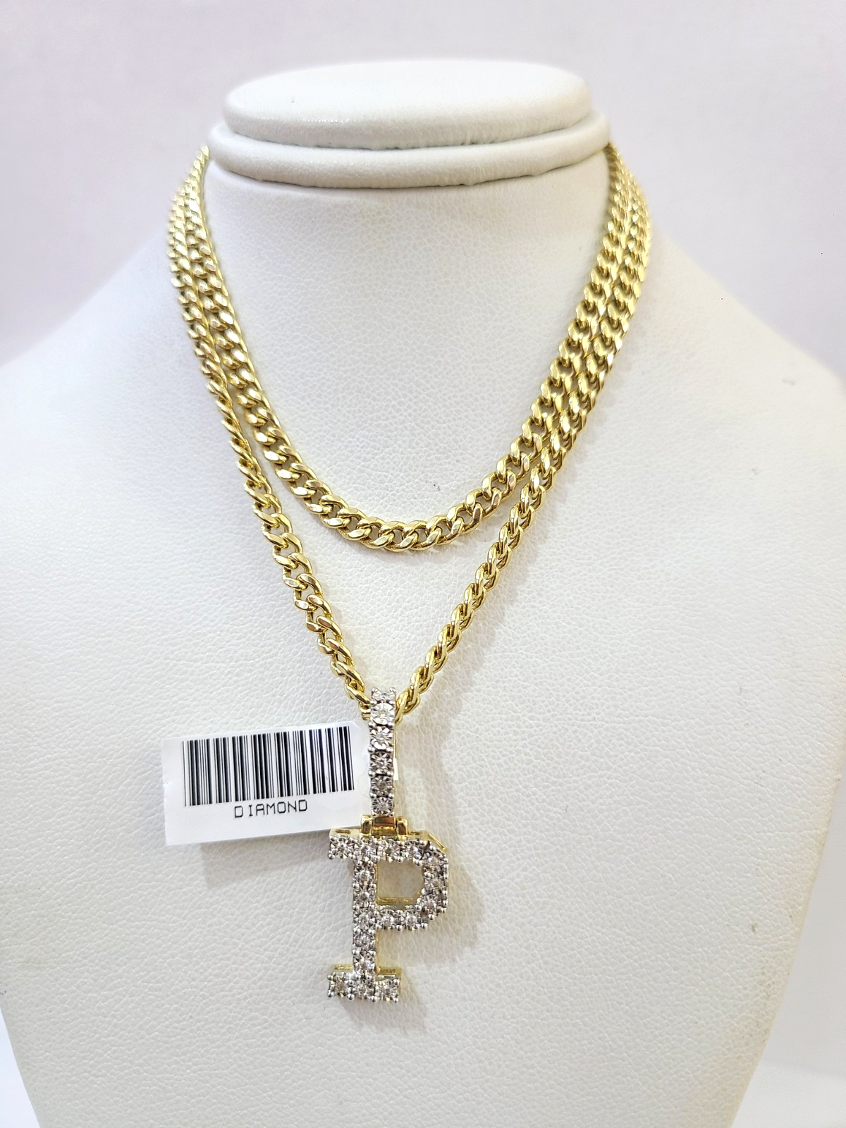 10K Gold Miami Cuban Chain P Diamond Initial 20"-28" 3mm Pendant Necklace SET