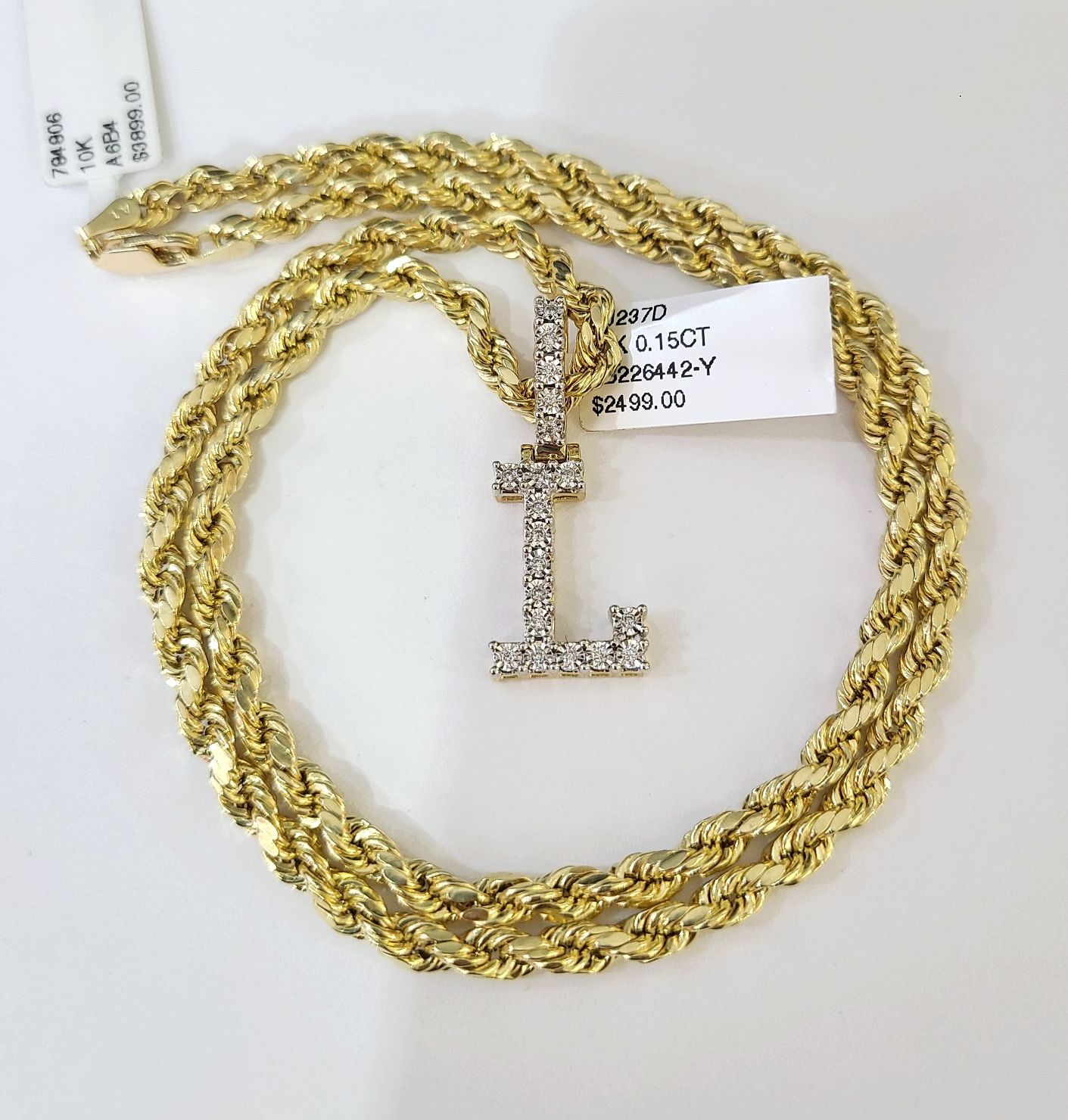 10k Rope Chain L Diamond Initial Charm Necklace Pendant Set 4mm 20"-30" Gold