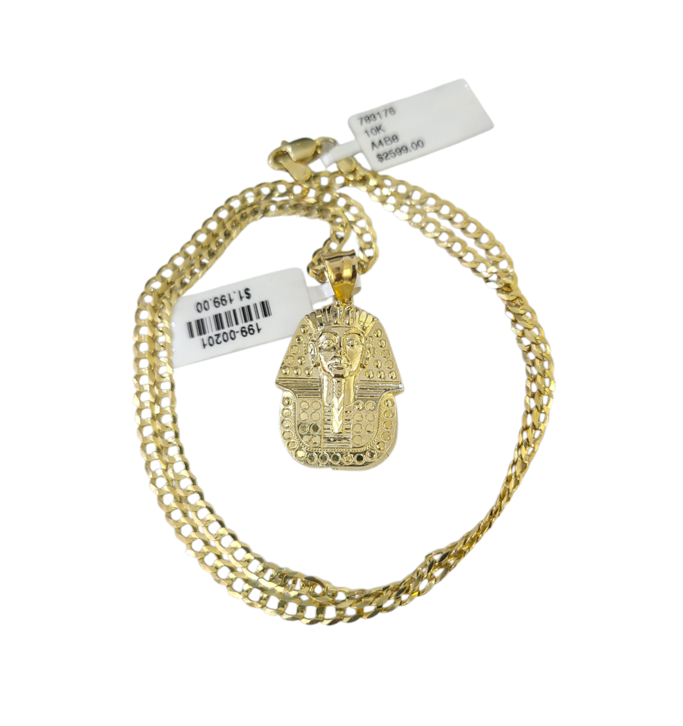 10k Gold Pharaoh Head Charm Pendant Chain Cuban Curb 3mm Necklace Set 18"-28"