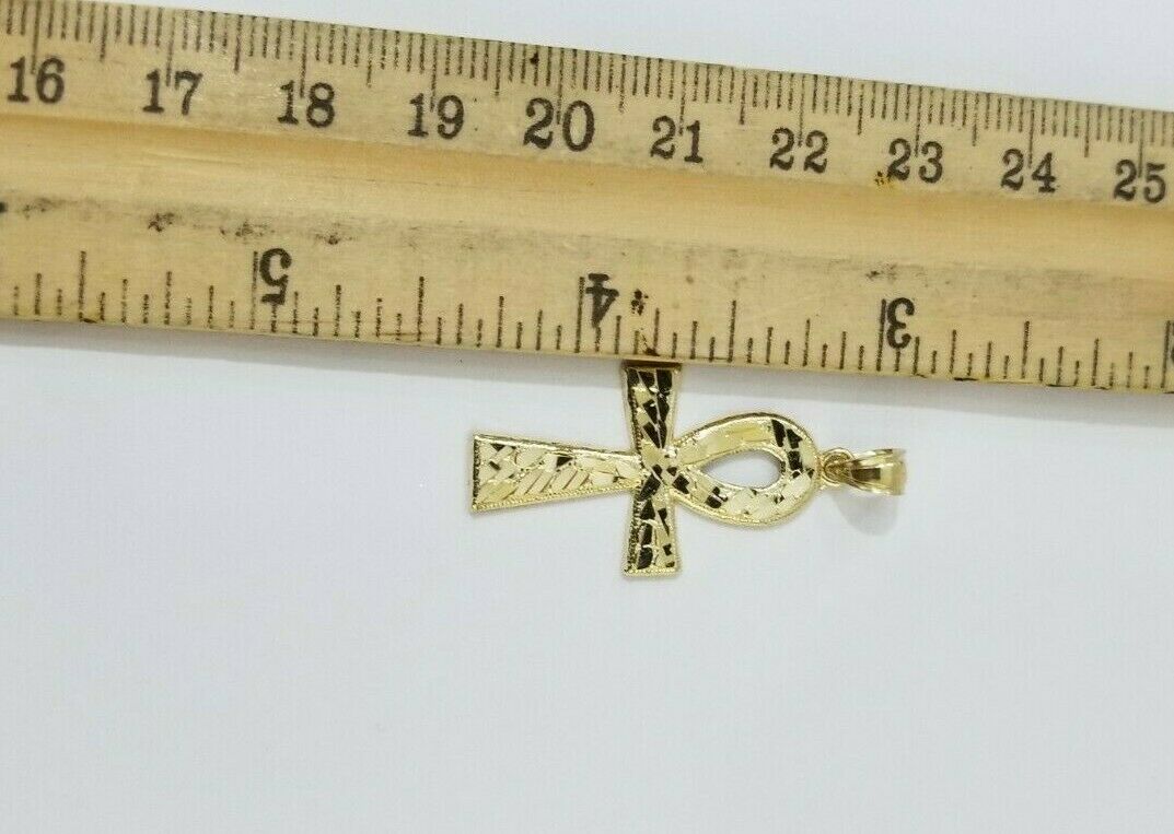 REAL 10k Yellow Gold Rope Chain Ankh Cross Charm Pendant 3mm Necklace Set 16-28"