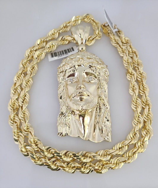 10kt Gold Solid Rope Chain Jesus Head Charm Set 18"-30'' Inch 7mm Pendant