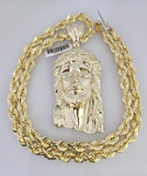 10kt Gold Solid Rope Chain Jesus Head Charm Set 18"-30'' Inch 7mm Pendant
