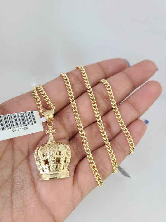 10k Gold Miami Cuban Chain Imperial Crown Charm Pendant 3mm 18-28in Necklace