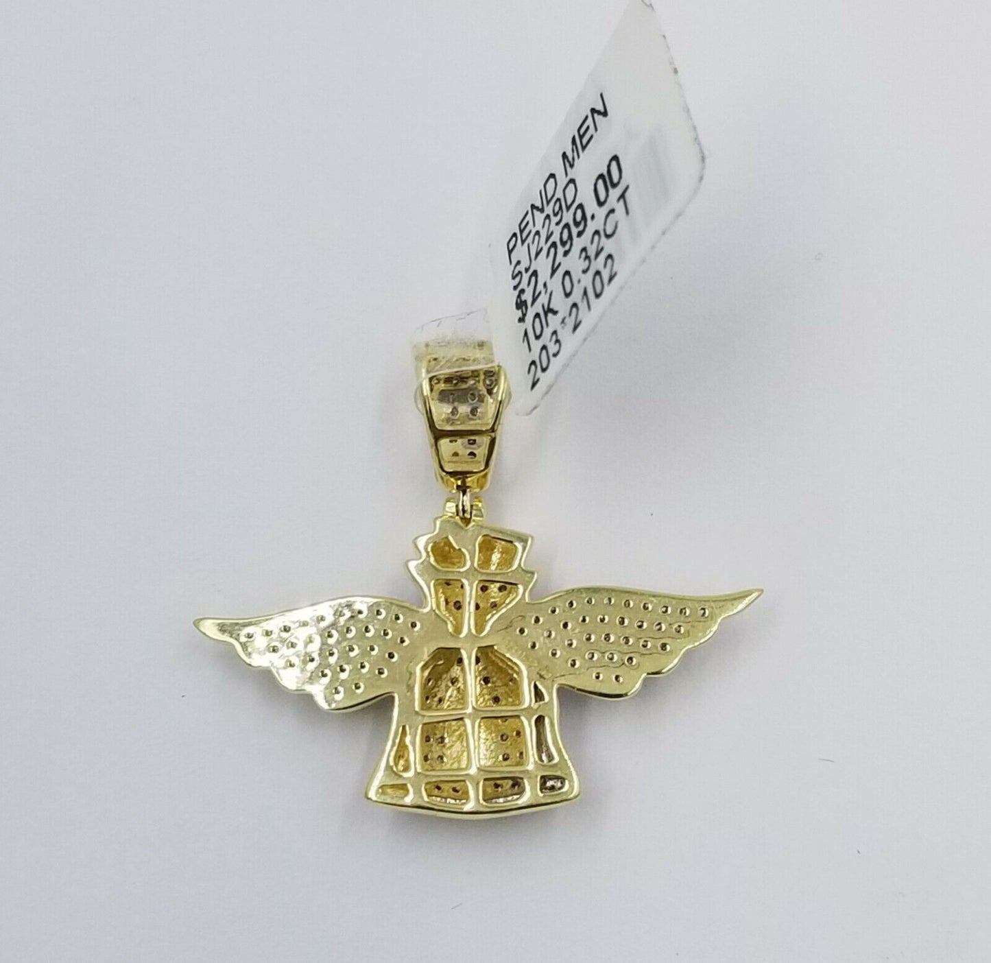 REAL 10k Yellow Gold Diamond Angel Wing Dollar Bag Pendant 3mm 22" Franco Chain