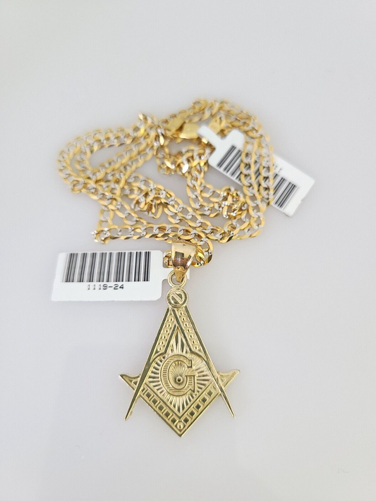 10k Gold Solid Cuban Curb Chain Masonic Pendant Set 3mm 18"-26" Charm Necklace