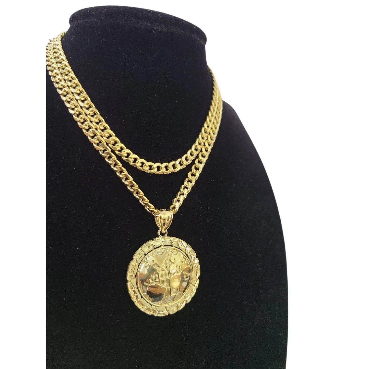 10K Yellow Gold Miami Cuban Link Chain Set World Map Charm Pendant 4.5mm 18-28"