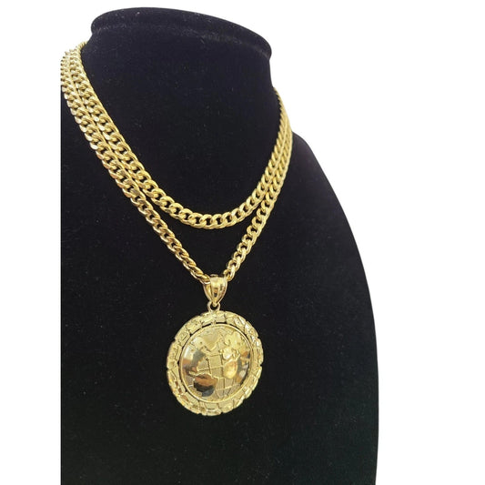 10K Yellow Gold Miami Cuban Link Chain Set World Map Charm Pendant 4.5mm 18-28"