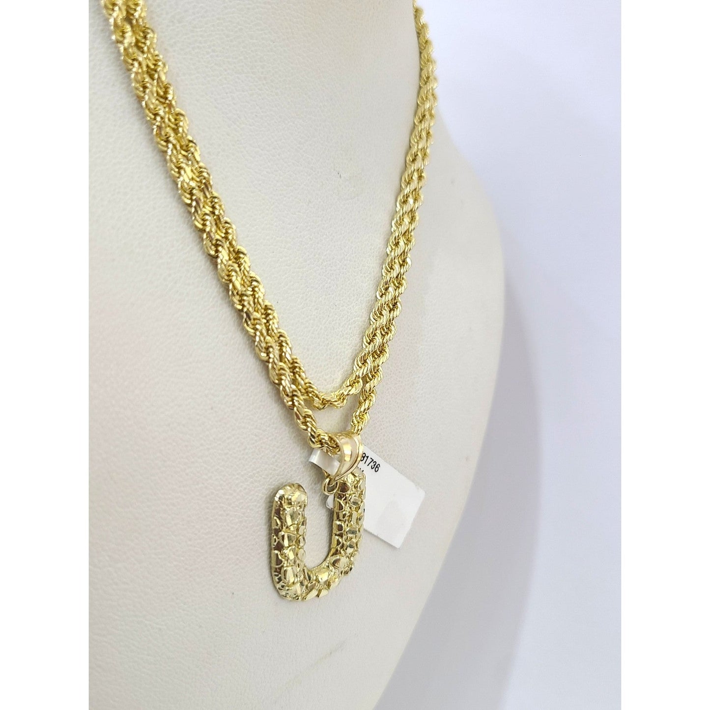 Real 10k Rope Chain U Initial Charm 3mm 18"-28" Necklace Nugget Set Pendant Gold