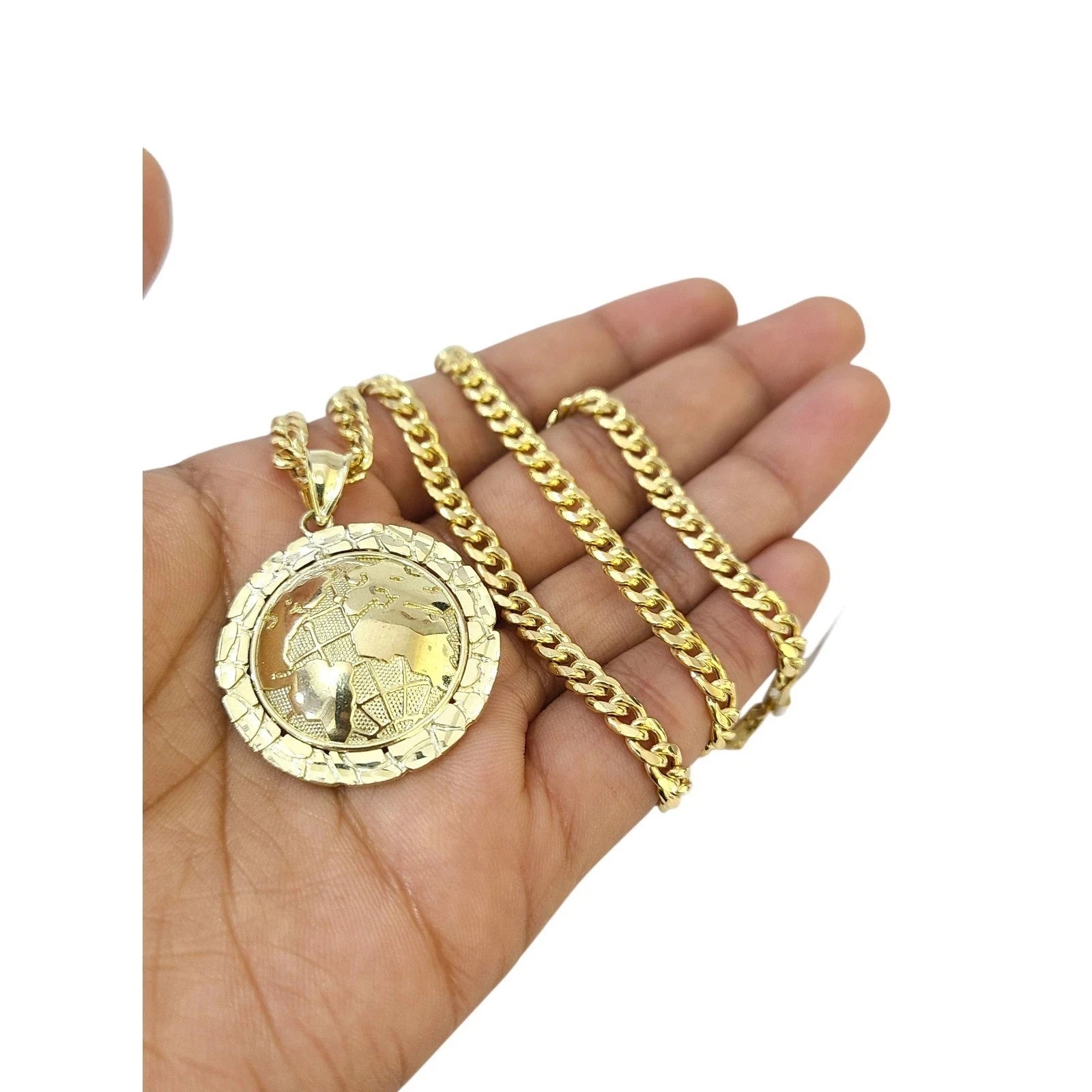 10K Yellow Gold Miami Cuban Link Chain Set World Map Charm Pendant 4.5mm 18-28"