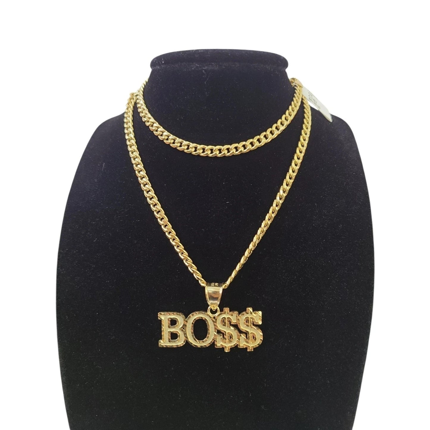 10K Yellow Gold Miami Cuban Link Chain Set Bo$$ Charm Pendant 4.5mm 18-28"