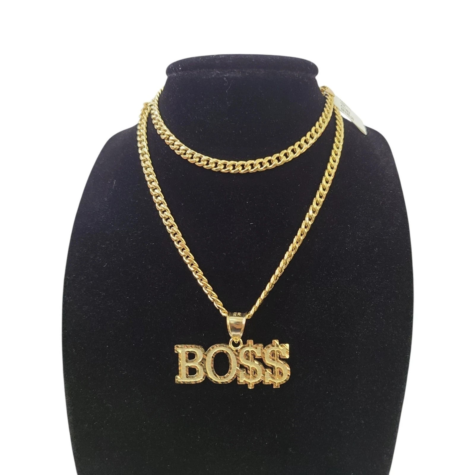 10K Yellow Gold Miami Cuban Link Chain Set Bo$$ Charm Pendant 4.5mm 18-28"