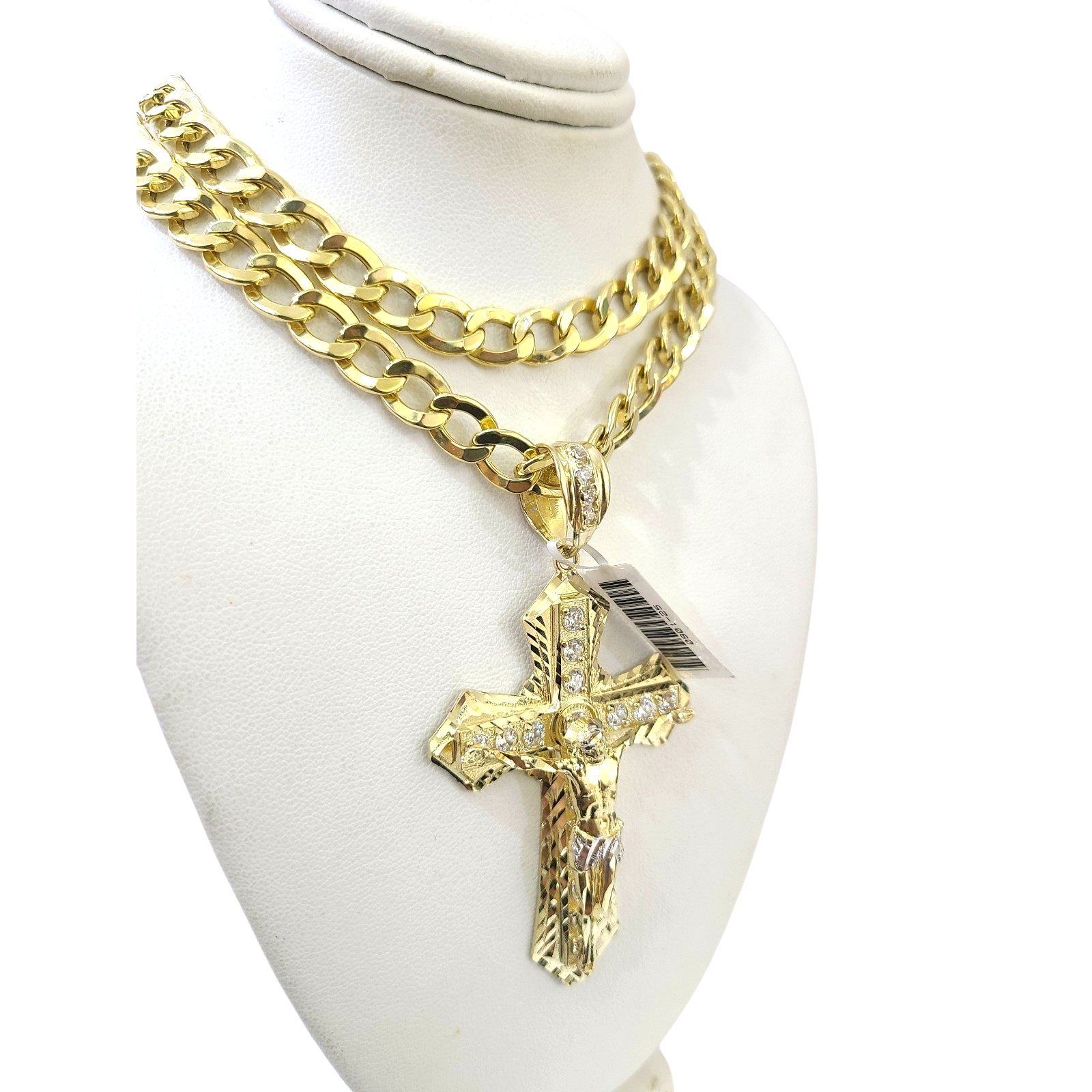 10k Yellow Gold Cuban Curb Chain SET Christ Cross Pendant Charm 8mm Necklace Men