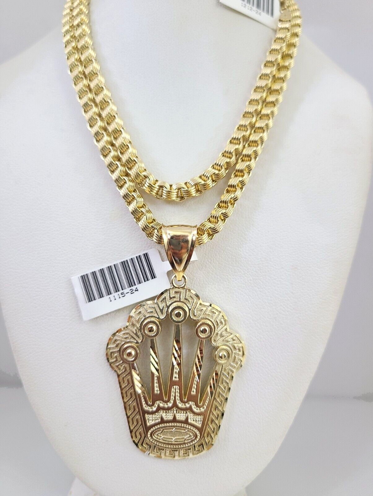 Real 10k Gold Byzantine Necklace Crown Charm SET Chain 20"-30" 4mm