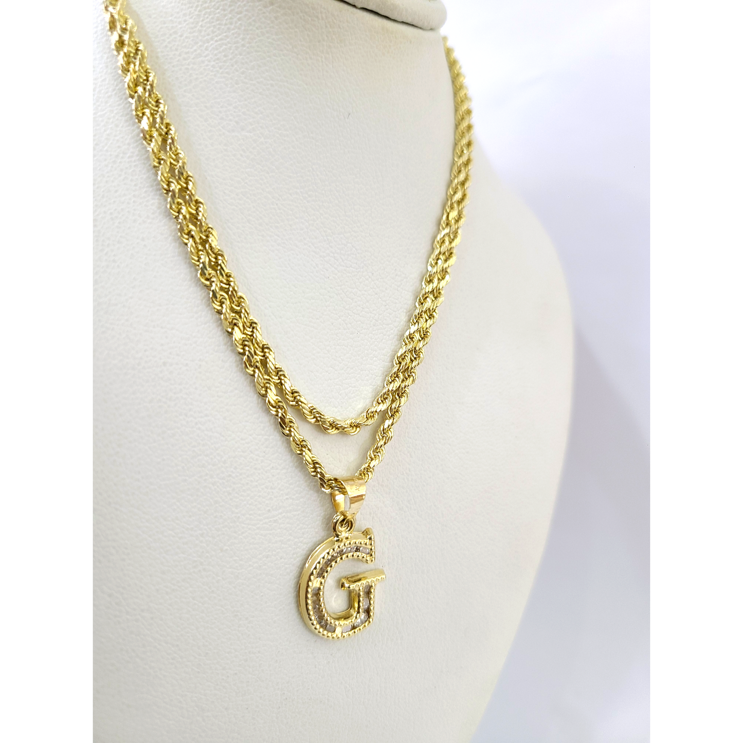 10k 2.5mm Rope Chain G Initial Alphabet Pendant 16"-28" Gold Set Charm Necklace