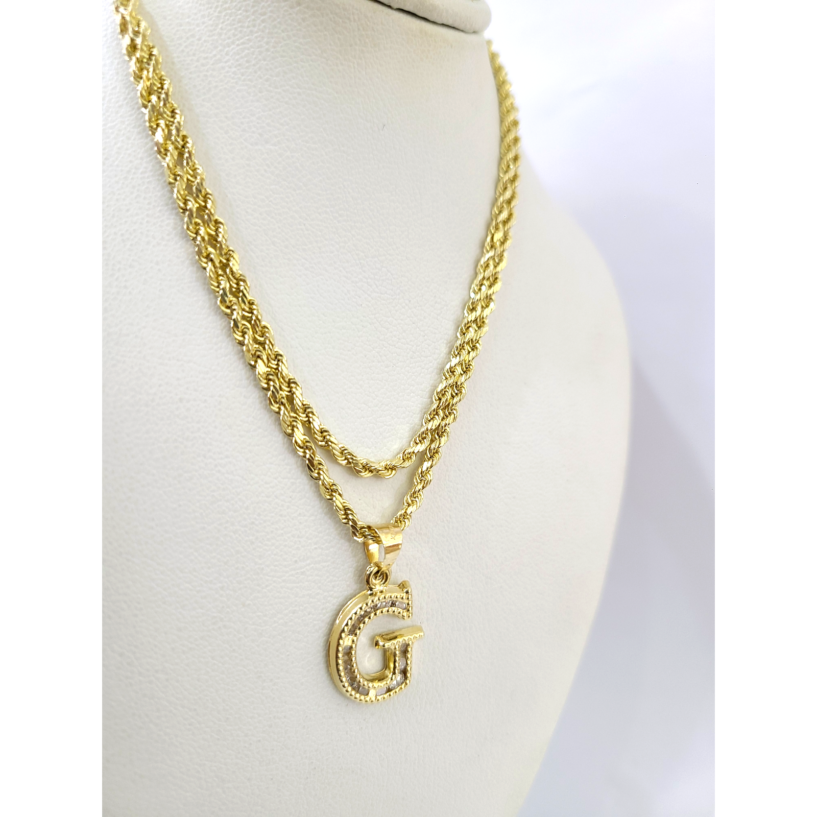 10k 2.5mm Rope Chain G Initial Alphabet Pendant 16"-28" Gold Set Charm Necklace