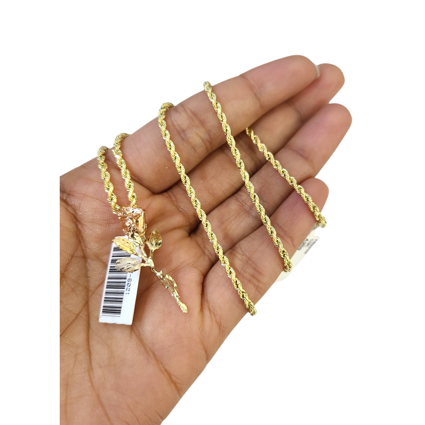 10k Rope Chain Rose Trio gold Charm Necklace Pendant Set 2mm 16"-26" Gold