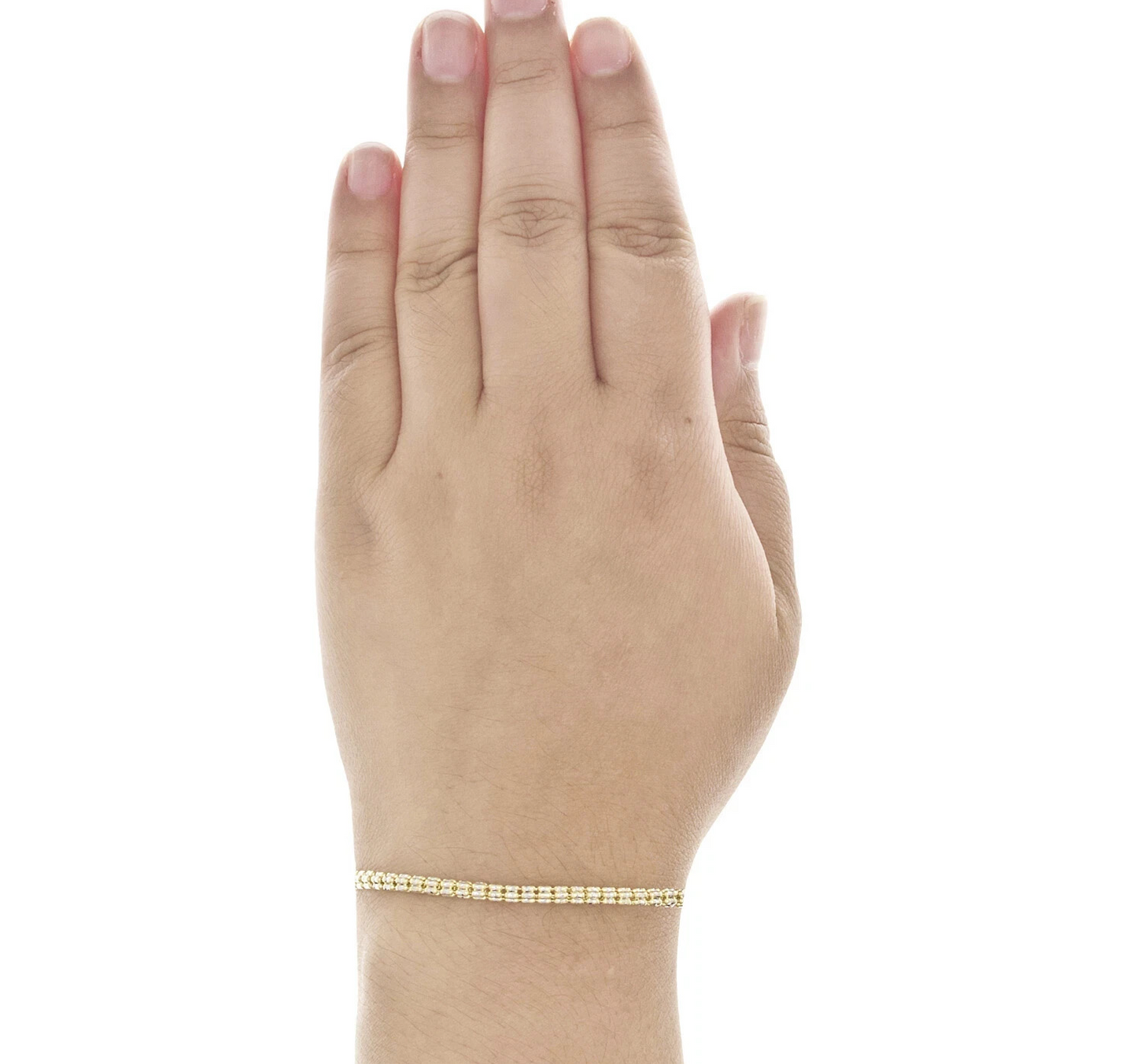10K Yellow White Gold Two Tone 3mm Diamond Cut Ice Bead Link Bracelet 8 Inches