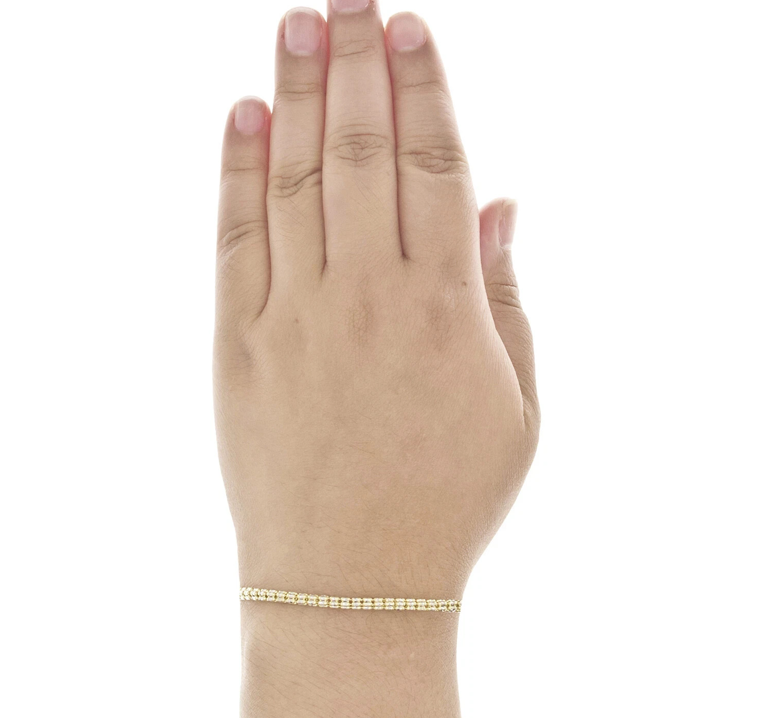 10K Yellow White Gold Two Tone 3mm Diamond Cut Ice Bead Link Bracelet 8 Inches