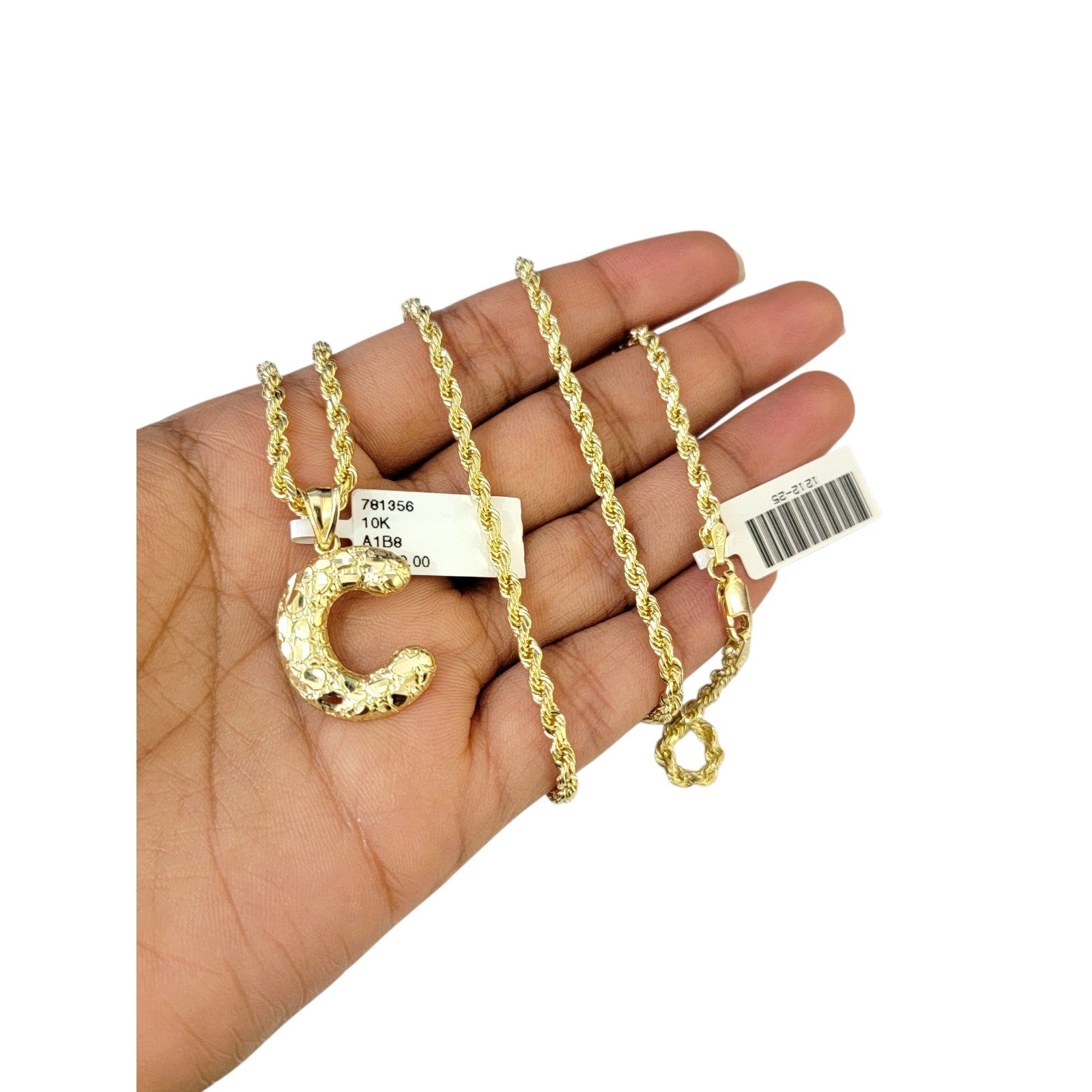 Real 10k Rope Chain Necklace Set 3mm 18"-28" Nugget C Initial Charm Pendant Gold