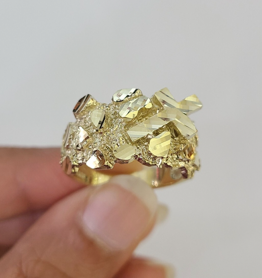10k Nugget Jesus Cross Ring Casual Band Yellow Gold Genuine Brand New Religious