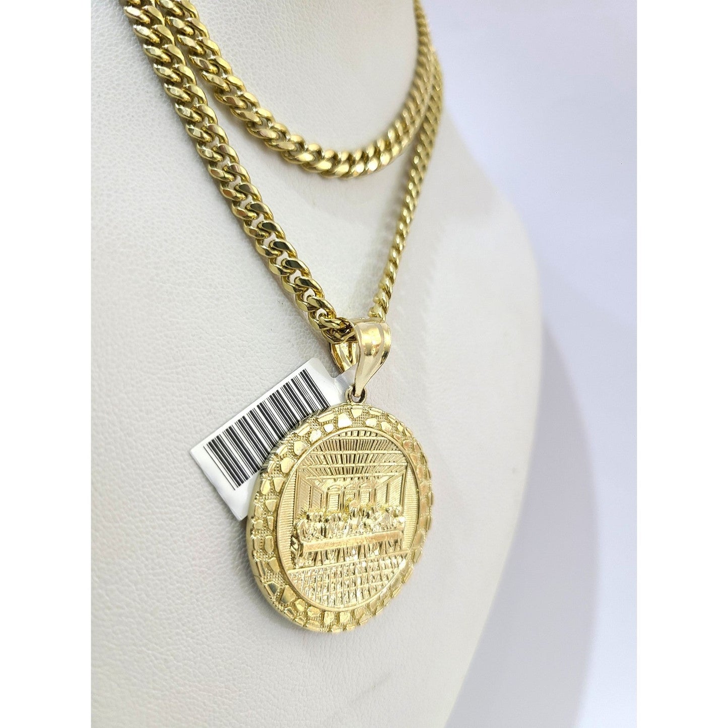 10K Gold Miami Cuban Chain Nugget Last Supper 20"-28" 4mm Pendant Necklace SET