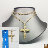 Real 10k Yellow Gold Figaro Chain With 10k Jesus Cross pendant, 20"-28" Necklace