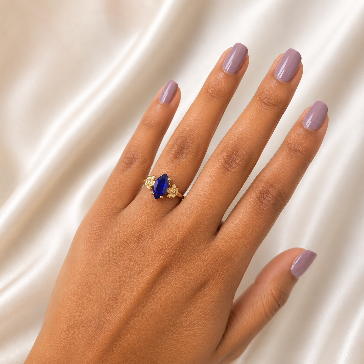 10k Gold Blue Marquise CZ Flower Ring Floral Design Ladies Statement Ring