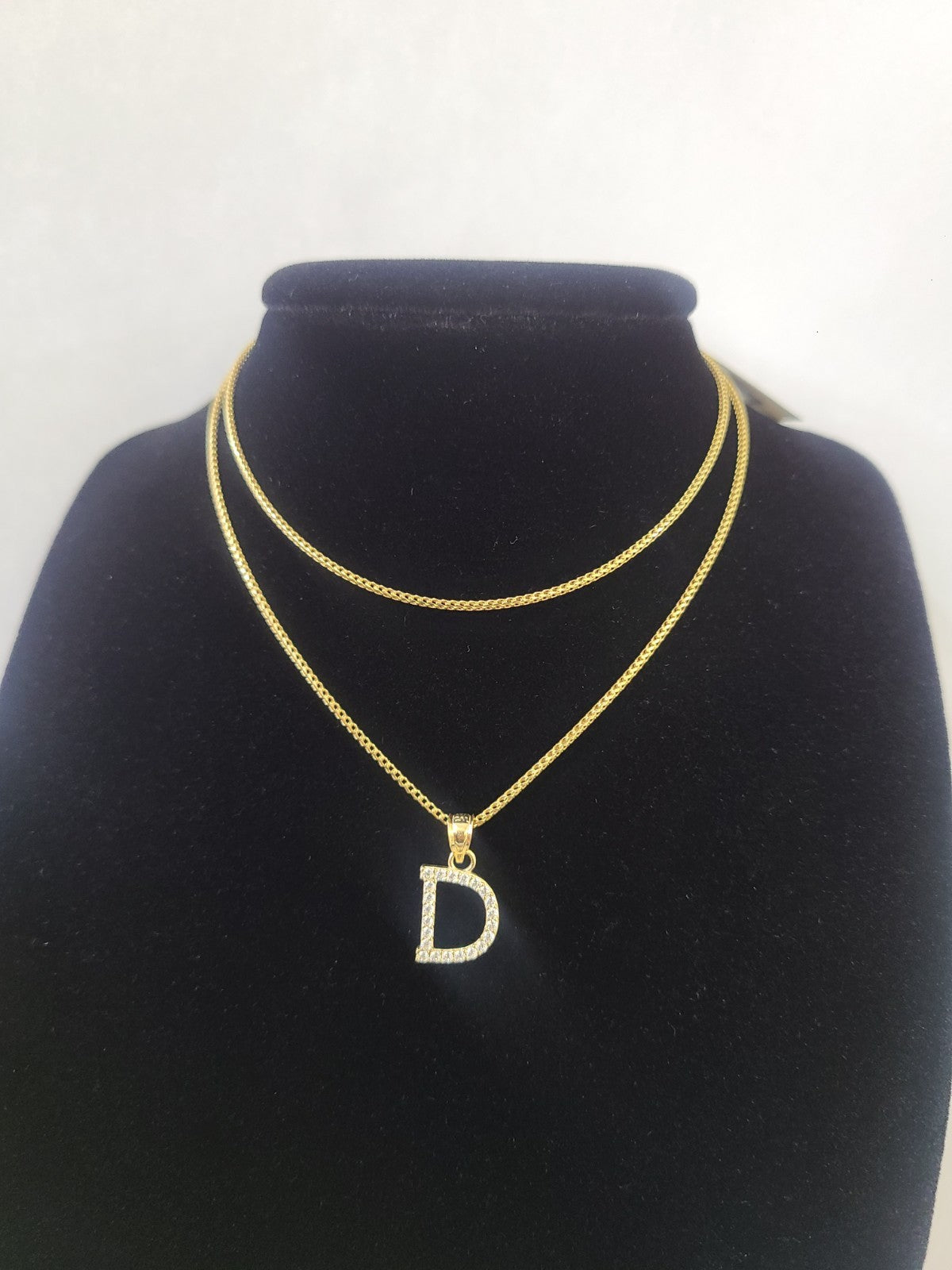 10K Gold Solid Franco Chain D Initial CZ Stone Pendant Set 1mm 16 18 20 22 Women