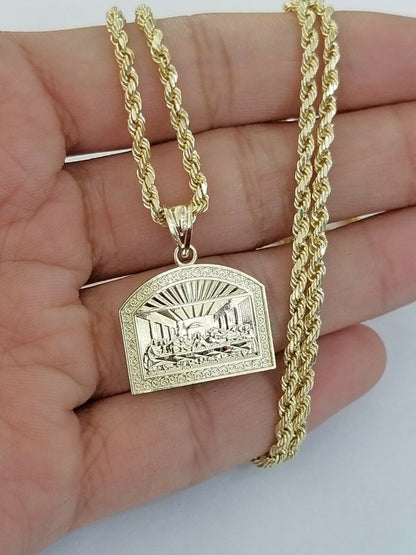 Real 10k Gold Last supper Charm Rope 2.5mm Chain Pendant 18 20 22 24 26 28 Inch