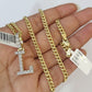 10K Gold Miami Cuban Chain L Diamond Initial 18"-24" 2mm Pendant Necklace SET