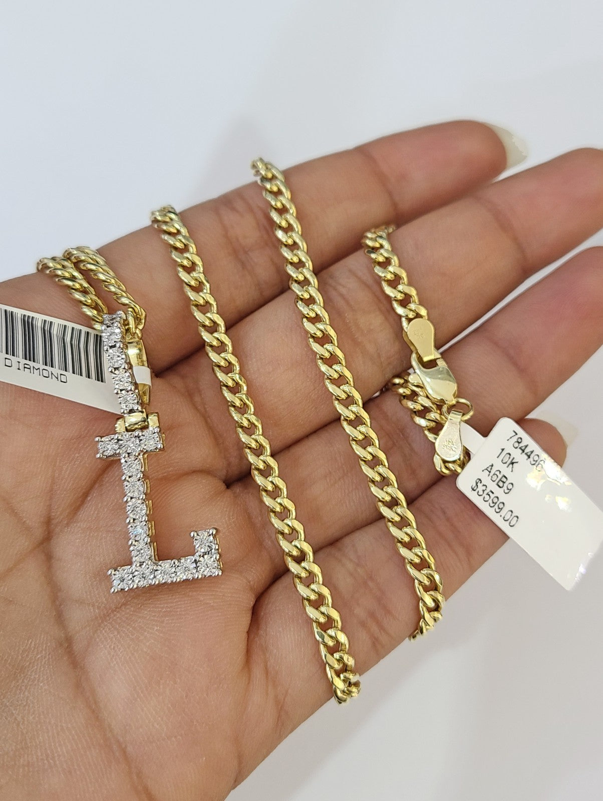 10K Gold Miami Cuban Chain L Diamond Initial 18"-24" 2mm Pendant Necklace SET