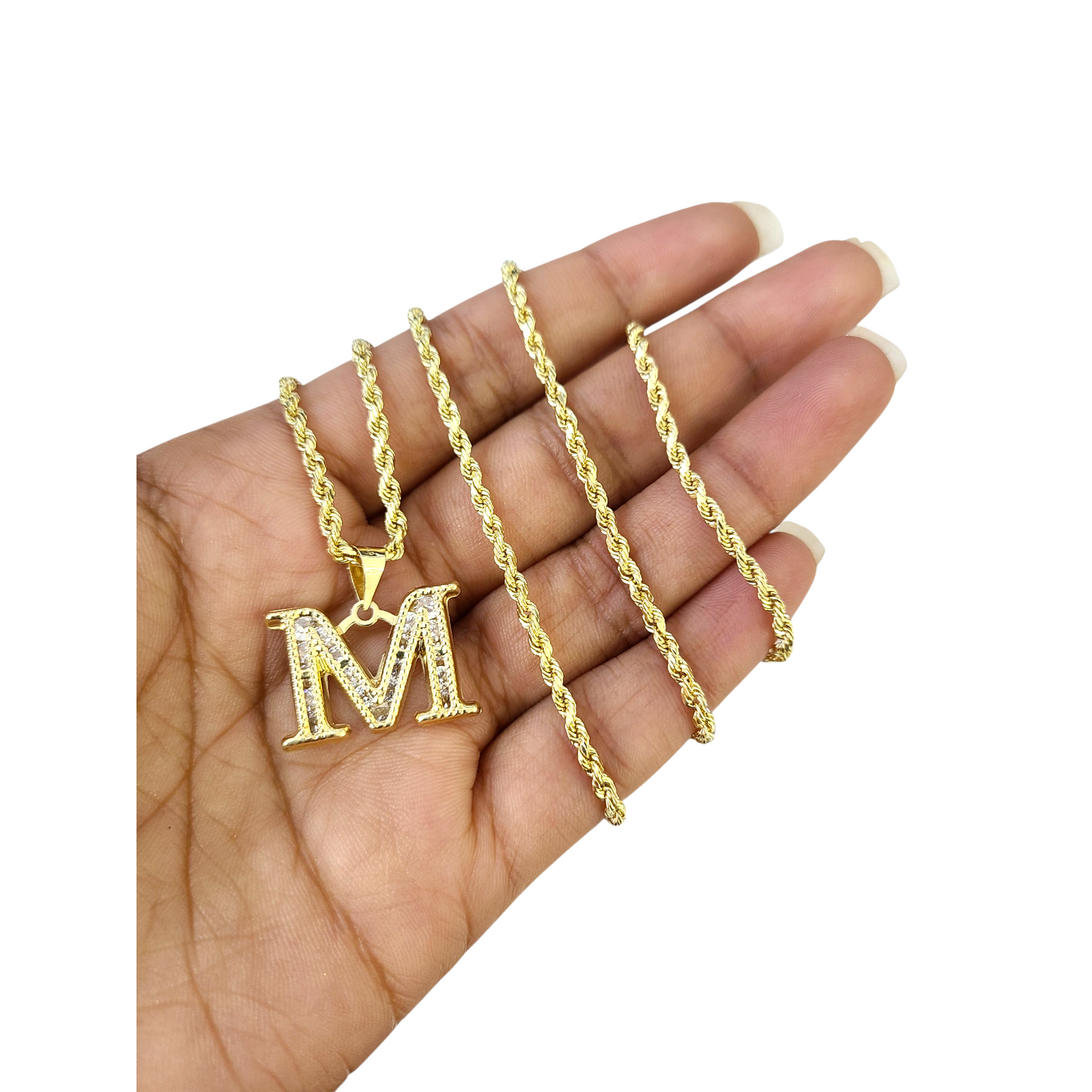 10k 2.5mm Rope Chain M Initial Alphabet Pendant 16"-28" Gold Set Charm Necklace
