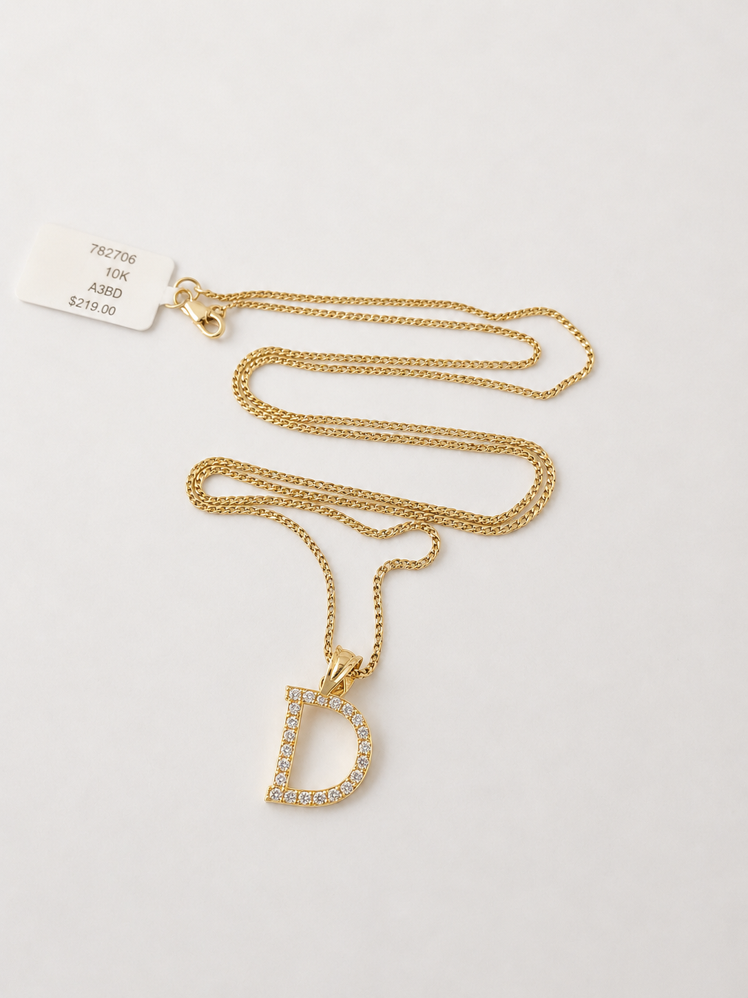 10K Gold Solid Franco Chain D Initial CZ Stone Pendant Set 1mm 16 18 20 22 Women