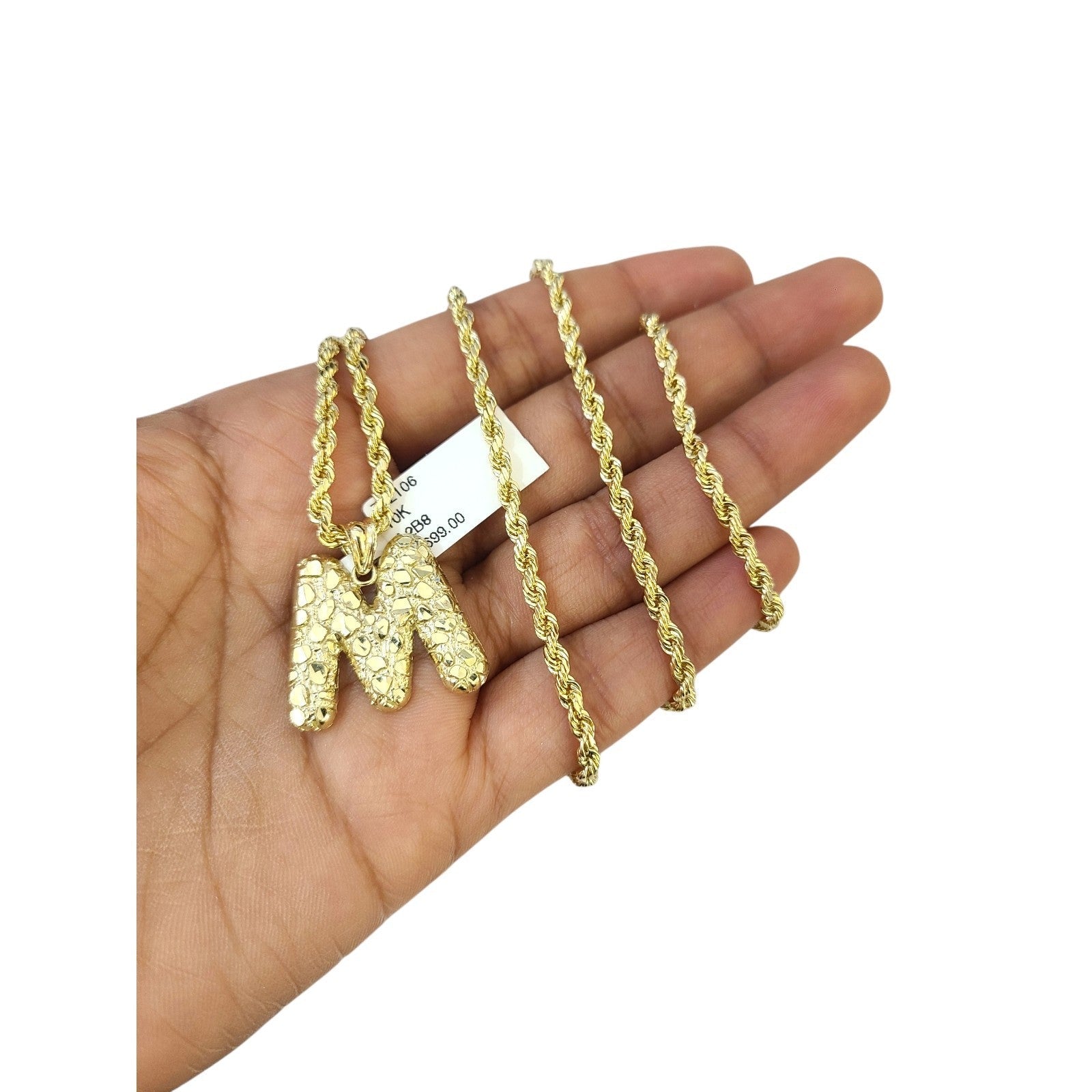 Real 10k Rope Chain M Initial Charm Necklace 3mm 18"-28" Nugget Set Pendant Gold