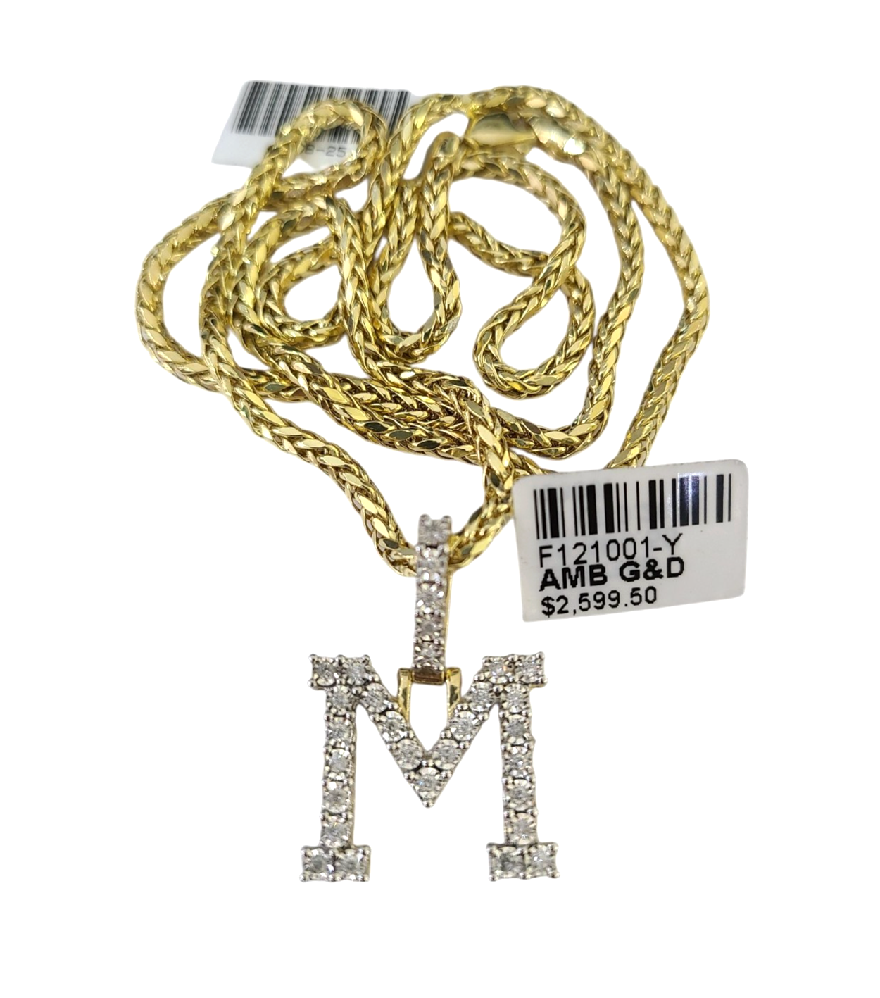 REAL 10k Yellow Gold Palm Chain M Diamond Initial Pendant Charm 3mm SET Necklace