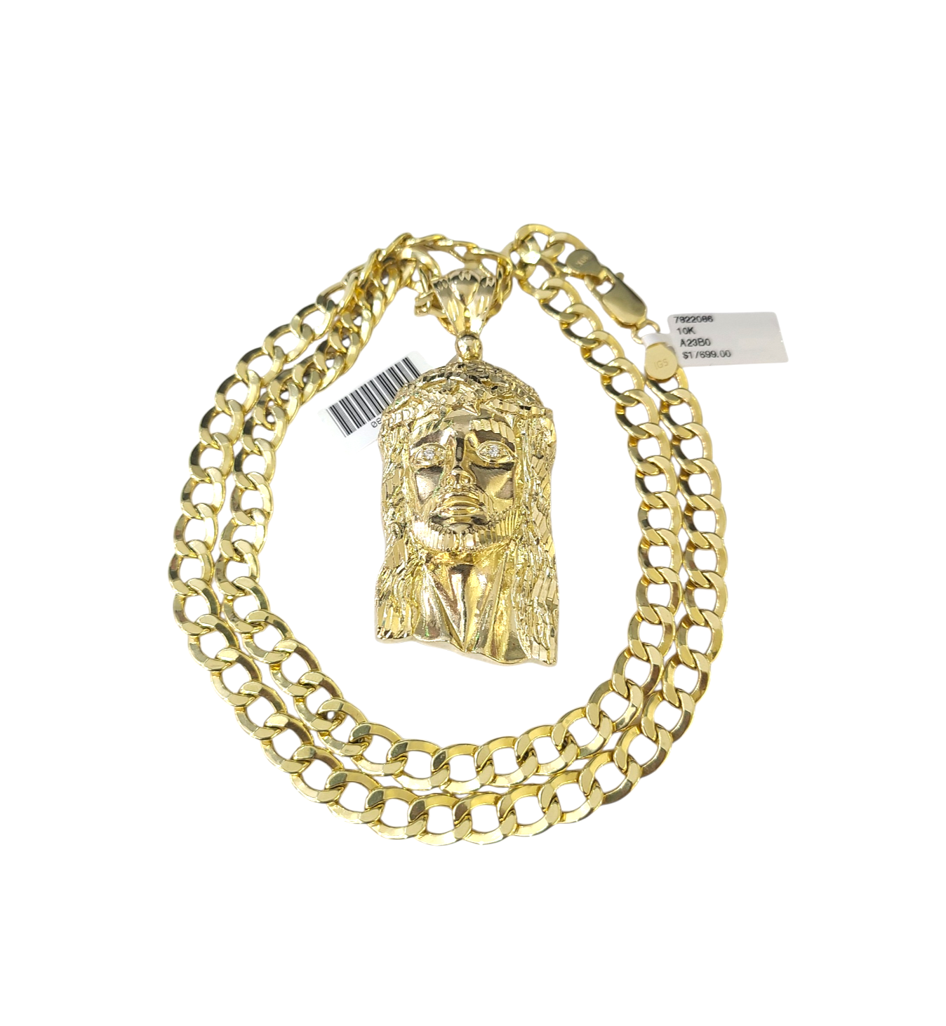10k Yellow Gold Cuban Curb Chain SET Christ Face Pendant Charm 8mm Necklace Men