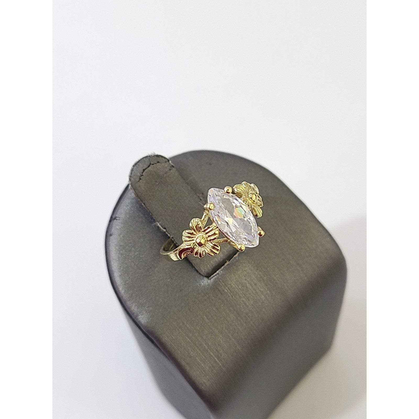 10k Gold Floral Marquise CZ Ring Women Yellow Gold Flower Design Statement