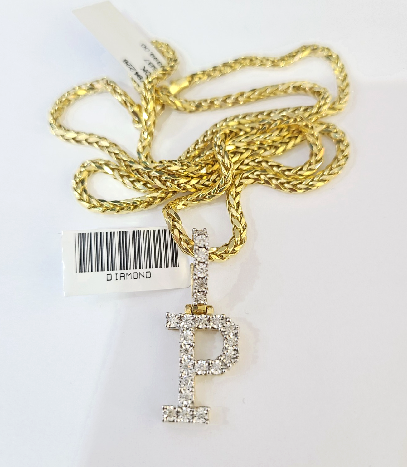 REAL 10k Yellow Gold Palm Chain P Diamond Initial Pendant Charm 3mm SET Necklace