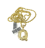 Real 10k Rope Chain Q Initial Charm 3mm 18"-28" Necklace Nugget Set Pendant Gold